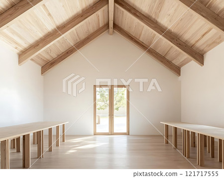 Modern interior with wooden beams and large windows, creating bright space 121717555