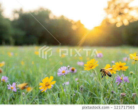 field of wildflowers with bees buzzing at sunset, creating serene atmosphere field of wildflowers with bees buzzing at sunset, creating serene atmosphere 121717565