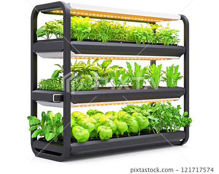 Futuristic vertical farm with vibrant green plants and LED lights 121717574