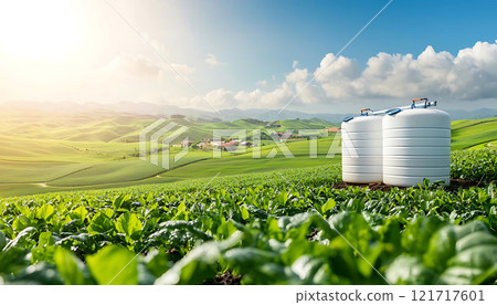 Efficient rainwater harvesting system in lush green landscape Efficient rainwater harvesting system in lush green landscape 121717601