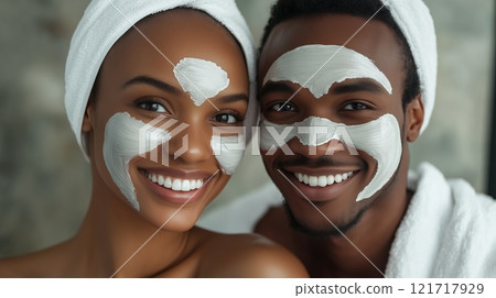 A young couple wearing white towels smiles. Their faces with skincare products. A young couple wearing white towels smiles. Their faces with skincare products. 121717929