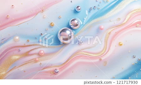 Abstract marble background with golden glitter, bubbles and pearls, pastel blue and pin colors. Abstract marble background with golden glitter, bubbles and pearls, pastel blue and pin colors. 121717930