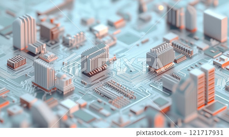An intricate circuit board with various components and chips. 121717931