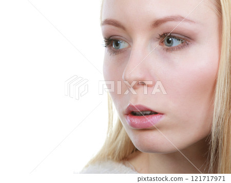 Shocked, astonished woman face closeup Shocked, astonished woman face closeup 121717971