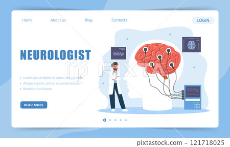 Neurologist concept. Landing page template. Male doctor examine human brain. Electroencephalography. Research scientist. Vector illustration in flat cartoon style Neurologist concept. Landing page template. Male doctor examine human brain. Electroencephalography. Research scientist. Vector illustration in flat cartoon style 121718025