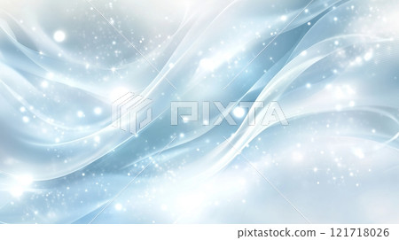 Abstract light blue background with white wavy lines and glowing dots. 121718026