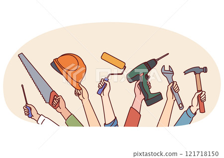 Hands of repair and construction specialists with working tools for safe and efficient work Hands of repair and construction specialists with working tools for safe and efficient work 121718150