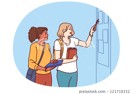 Girls students stand in corridor of college or university near blackboard with lesson schedule 121718152
