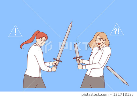 Battle of business women using swords to fight for vacant managerial position with high salary 121718153