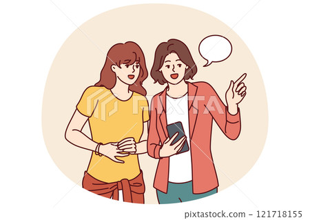 Women with phone walk around city and use navigation application to find right place in city 121718155
