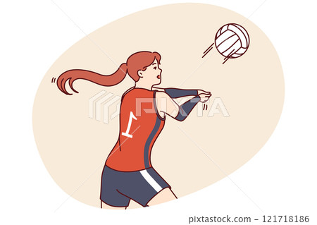 Woman volleyball player tosses ball to score goal for opposing team during tournament or training 121718186
