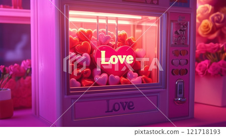 A claw machine with Love written on the front, featuring heart-shaped candies inside. 121718193