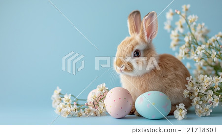 A Cute rabbit sitting beside pastel Easter eggs and flowers on a blue background. 121718301
