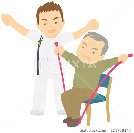 A person and a physical therapist doing rehabilitation training with rubber bands 121718343