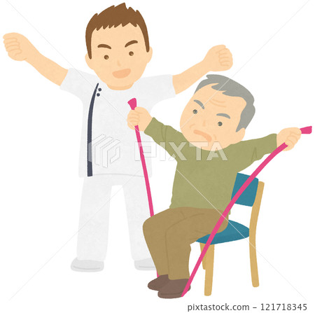A person and a physical therapist doing rehabilitation training with rubber bands 121718345