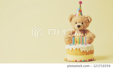 A cute teddy bear wearing a party hat, sitting next to a birthday cake with candles. 121718359