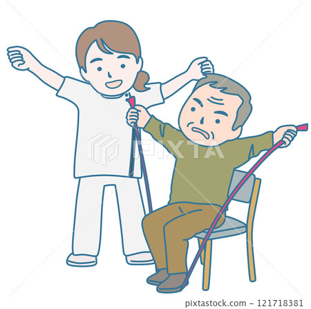 A person and a physical therapist doing rehabilitation training with rubber bands 121718381