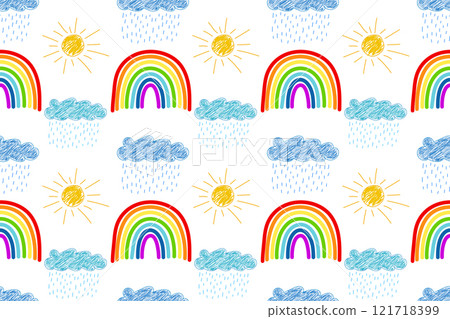 Colorful Rainbow, Sun, and Rainy Cloud Seamless Pattern on White Background Colorful Rainbow, Sun, and Rainy Cloud Seamless Pattern on White Background 121718399