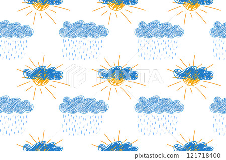 Seamless Pattern of Weather Symbols - Clouds, Sun, and Rain 121718400