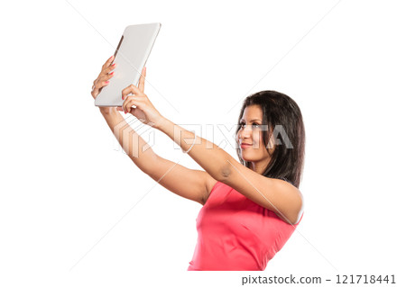 Mixed race african woman taking selfie self photo. 121718441