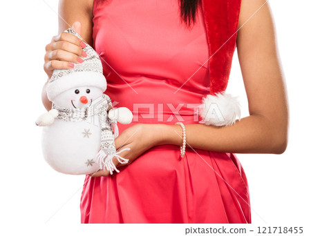 Closeup of woman with little snowman. Christmas. Closeup of woman with little snowman. Christmas. 121718455