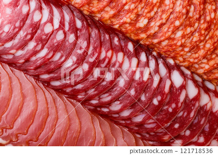 Slices of salami sausage background. Top view 121718536