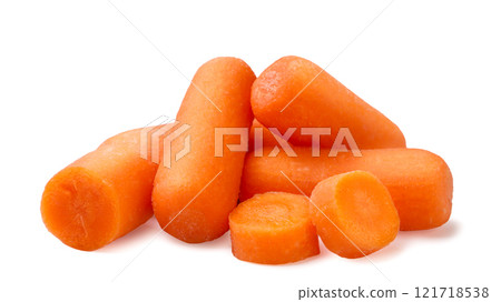 Pile of peeled carrots close-up on a white background. Isolated Pile of peeled carrots close-up on a white background. Isolated 121718538