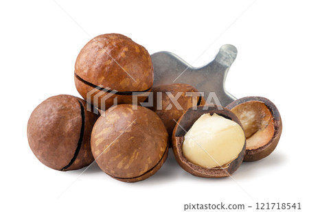 Heap of macadamia nuts with key close-up on white. Isolated Heap of macadamia nuts with key close-up on white. Isolated 121718541