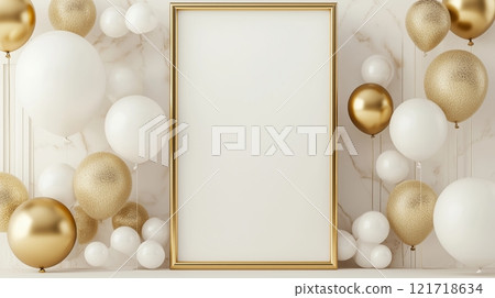 An empty frame with gold edges, surrounded by white and golden balloons. 121718634