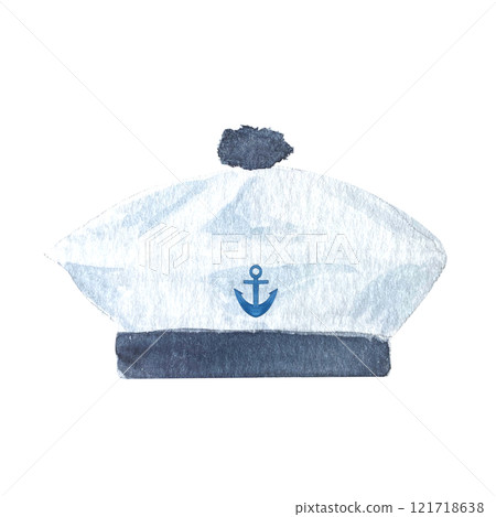 Tarpaulin, sailor hat with anchor watercolor hand painted illustration set isolated on white. Navy design element. High quality art perfect for cards, banners, invitations, guides, stationary and Tarpaulin, sailor hat with anchor watercolor hand painted illustration set isolated on white. Navy design element. High quality art perfect for cards, banners, invitations, guides, stationary and 121718638