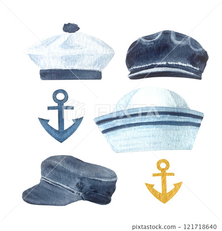 Tarpaulin, sailor hat, anchor watercolor hand painted illustration set isolated on white. Navy design element. High quality art perfect for cards, banners, invitations, guides, stationary and books 121718640