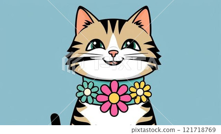 Illustration of a smiling cat wearing a wreath Illustration of a smiling cat wearing a wreath 121718769