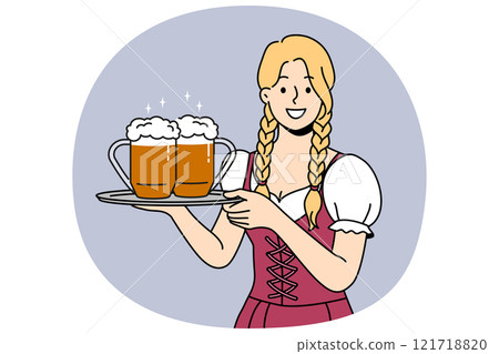 Woman waiter with beer on tray smiles, inviting to visit bavarian festival to try alcoholic drinks 121718820