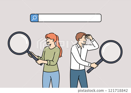 Business people in search of information for drawing up corporate strategy stand near search bar 121718842