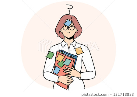 Confused woman student with stickers on face and shirt needs ability to do task management 121718858