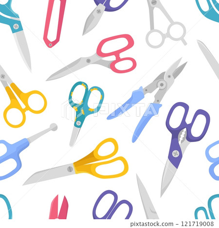 Scissors seamless pattern. Flat scissor with plastic grips. Steel cutting tools for workshop, cut paper, carton. Fabric print design, neoteric vector background 121719008