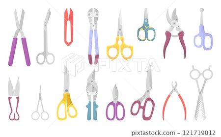 Different flat scissors. Isolated scissor and nippers, cutting equipment. Tools for workshop, cut equipment for carton paper fabric, neoteric vector set Different flat scissors. Isolated scissor and nippers, cutting equipment. Tools for workshop, cut equipment for carton paper fabric, neoteric vector set 121719012