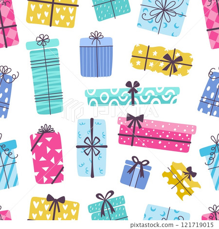 Gift box seamless pattern. Decorative present boxes, gifts for different party or fest. Abstract fabric wrapping wallpaper print design, neoteric vector background Gift box seamless pattern. Decorative present boxes, gifts for different party or fest. Abstract fabric wrapping wallpaper print design, neoteric vector background 121719015