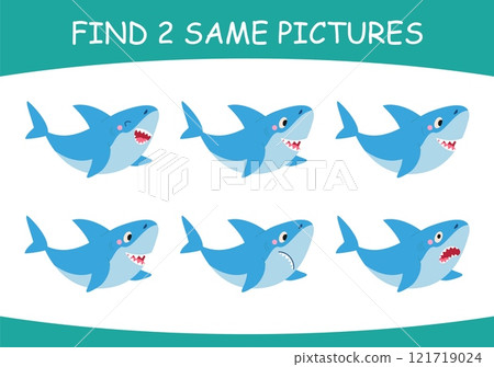 Find same pictures. Educational children game with cartoon funny shark. Choose two same sharks, emotional ocean animals nowaday vector illustration 121719024