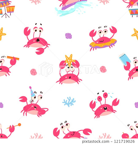 Crabs seamless pattern. Cute crab surfing, play music, writing notes. Funny sea life animal for fabric print, wrapping or wallpaper, nowaday vector background 121719026