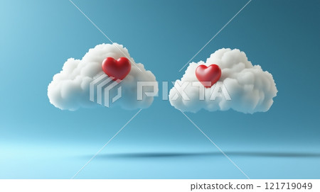 Two white fluffy clouds floating in the air, each holding one red heart shape on a blue background. 121719049