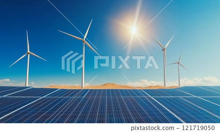 Wind turbines and solar panels in desert. 121719050