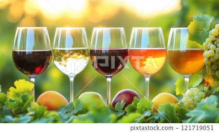 Wine glasses filled with grapes and wine. 121719051
