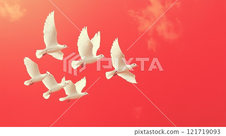 White birds flying peacefully in the sky n a red background. 121719093