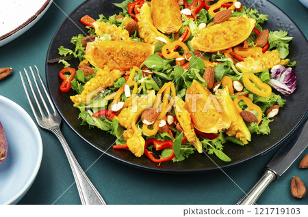 Fresh vegan cactus salad on a plate. 121719103