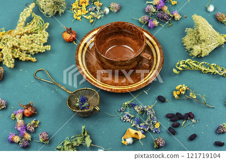 Natural herbal tea made of various dried herbs. Natural herbal tea made of various dried herbs. 121719104