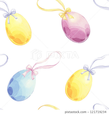 Happy easter watercolor seamless pattern of easter eggs with bows and ribbons. Festive hand drawn illustration on white background. Cute ornament for wrapping, textile and spring design 121719234