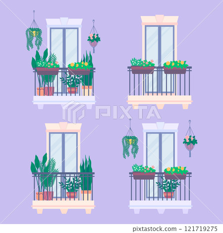 Cartoon Color Urban Architecture Balcony with Plant Set Concept Flat Design Style. Vector illustration of House Exterior Decorated with Plants 121719275