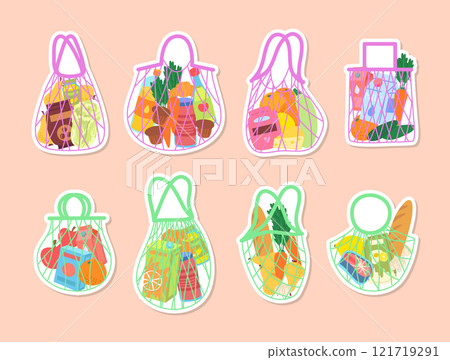 Cartoon Green and Pink Shopping String Bags with Products Stickers Set Grocery Concept Flat Design Style Include of Cheese, Juice , Bakery, Sauce and Fish. Vector illustration 121719291