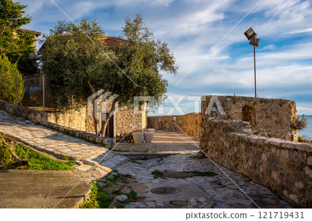 Street in Ulcinj Old Town in Montenegro, the southernmost city at Montenegrin coast, Europe Street in Ulcinj Old Town in Montenegro, the southernmost city at Montenegrin coast, Europe 121719431